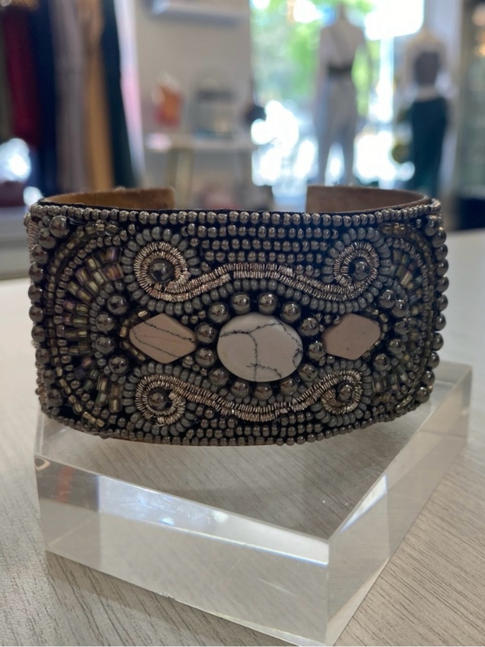 Beaded Statement Cuff Bracelet — White Stone Accent